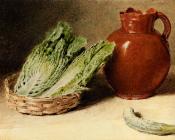 威廉 亨利 亨特 : Still Life With A Jug A Cabbage In A Basket And A Gherkin
